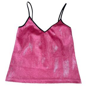 Y2K 90s Women L Camisole Top Pink Sequins Black Trim Stretch Coquette Whimsigoth